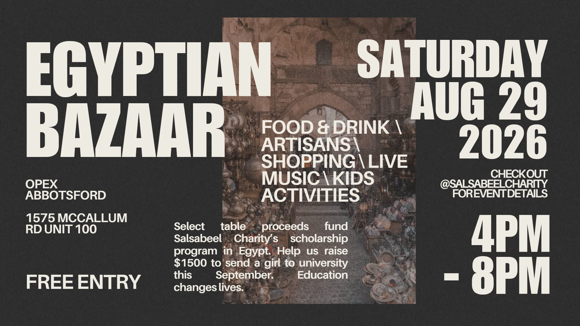 Egyptian Bazaar fundraiser poster for Saturday, August 29, 2026